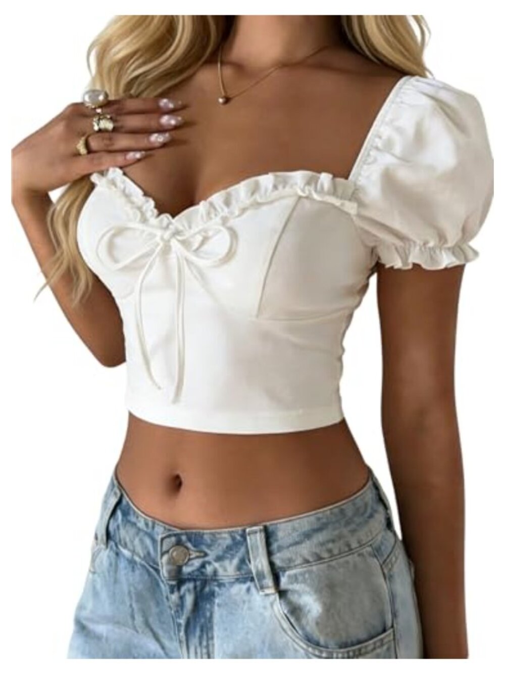 Frill Trim Sweetheart Neck Tie Front Puff Sleeve Crop Blouse Top